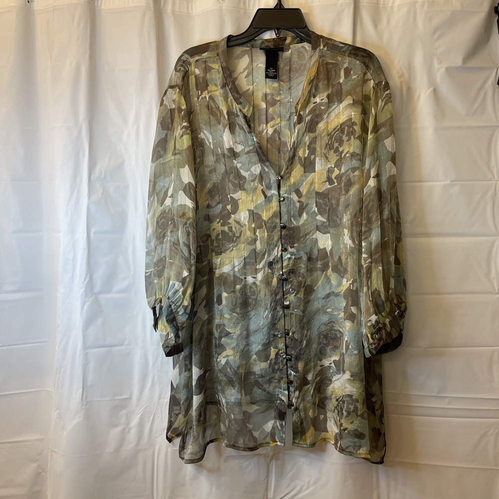 MAGGIE BARNES Sheer Flowy Dress‎ Blouse Womens 3X Floral Pleats 3/4 Loose Sleeve